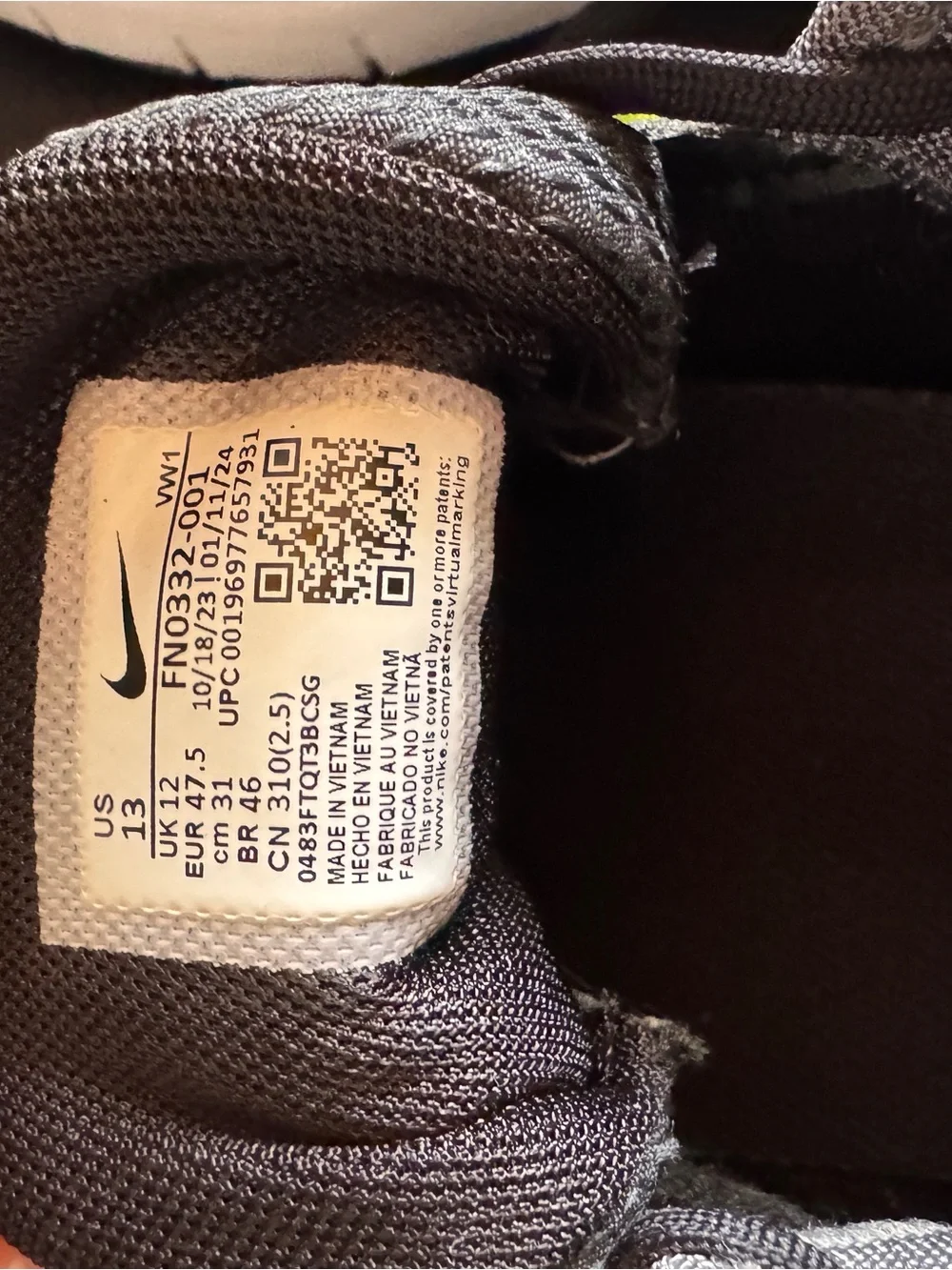 Nike Black and White Sneaker Interior with Size Label
